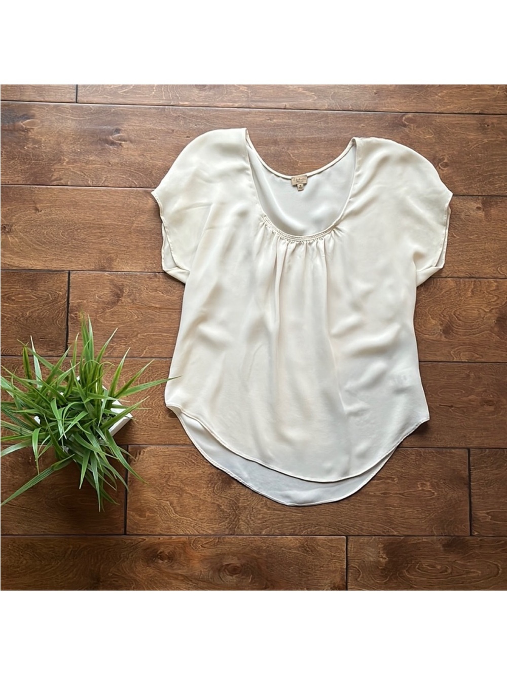 Aritzia Babaton Women's Cream Short-Sleeve Scoop Neck Silk Blouse